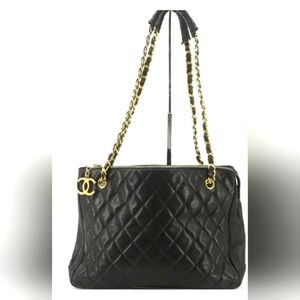 Chanel Vintage Black Quilted Lambskin Shoulder Tote Bag Authentic Classic